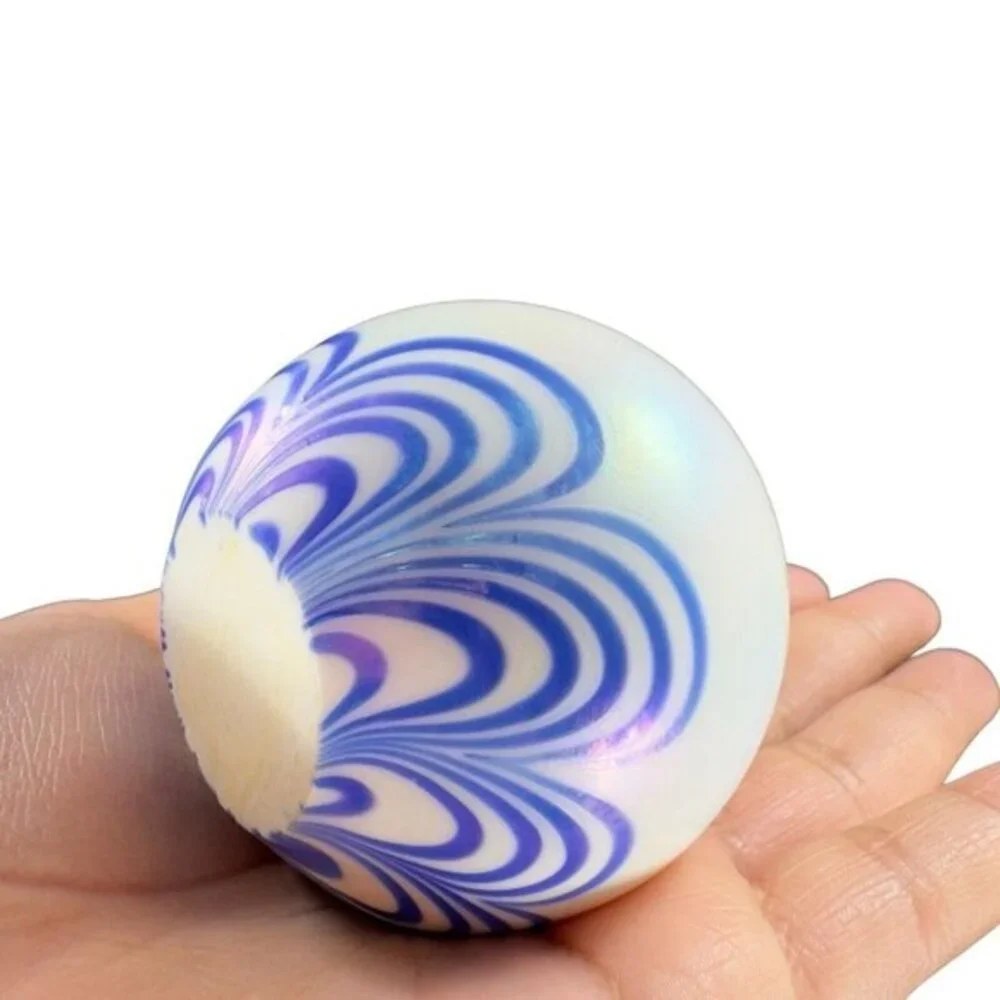 Vintage Art Glass Paperweight Round Orb White‎ Iridescent With Blue Swirls Lines